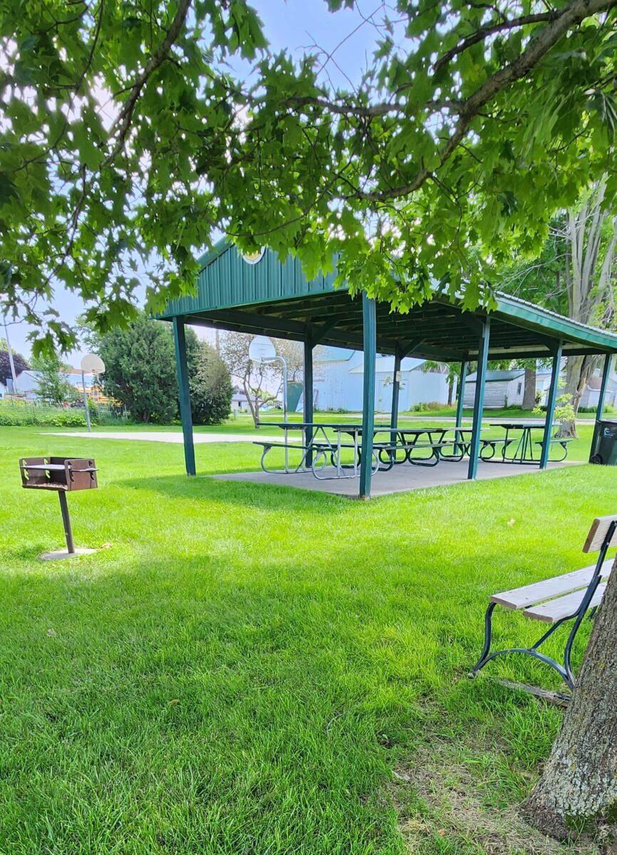 A green, metal-roofed pavilion with picnic tables underneath sits in a grassy park. A barbecue grill is on the left, and a bench is on the right, partially shaded by tree leaves. Basketball hoops and trees are visible in the background. The sky is clear and blue.