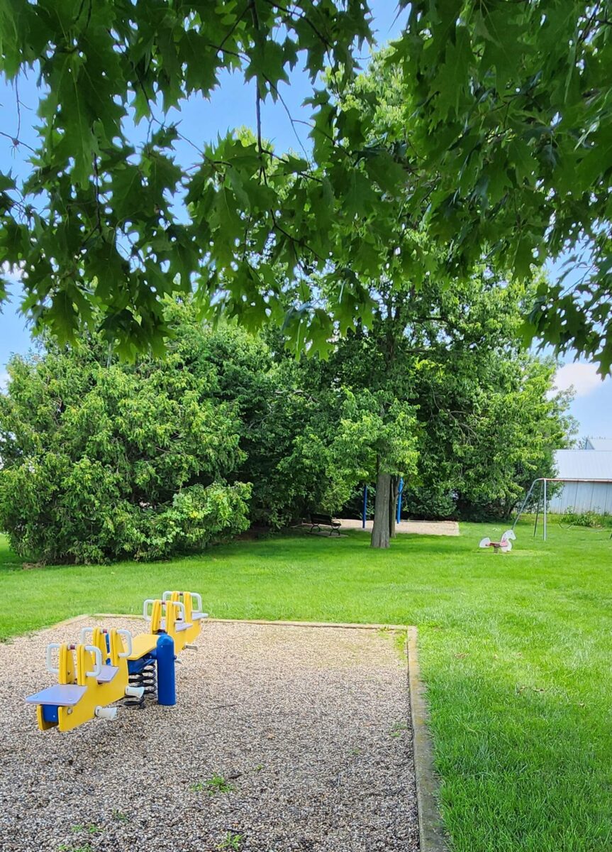 A colorful playground with yellow and blue spring riders is seen in the foreground. To the back, beneath leafy trees, is a grassy area with another swing set. The entire area is surrounded by lush green trees, providing a serene outdoor environment.