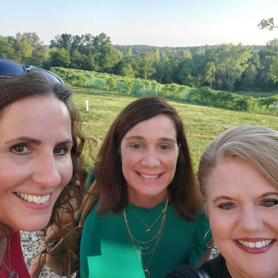 Three women smiling and posing for a selfie outdoors with a scenic background of lush green fields and trees. The sky is clear, adding to the overall bright and cheerful atmosphere. They appear to be enjoying a sunny day together.