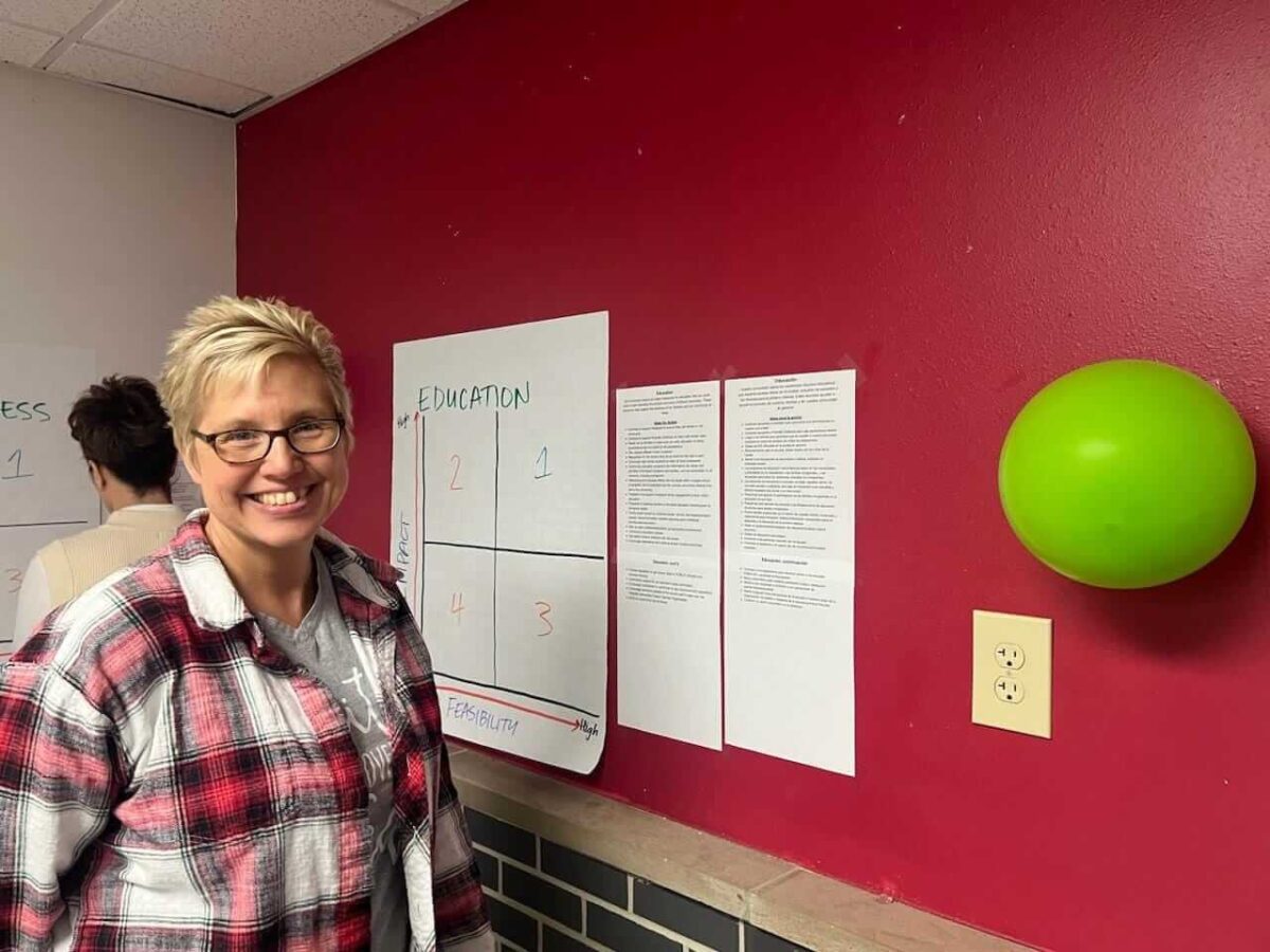 A person with short blonde hair and glasses stands in front of a red wall with a poster labeled "Education" divided into four quadrants, alongside printed documents. They are wearing a red and white plaid shirt and smiling. A green balloon is taped to the wall nearby.